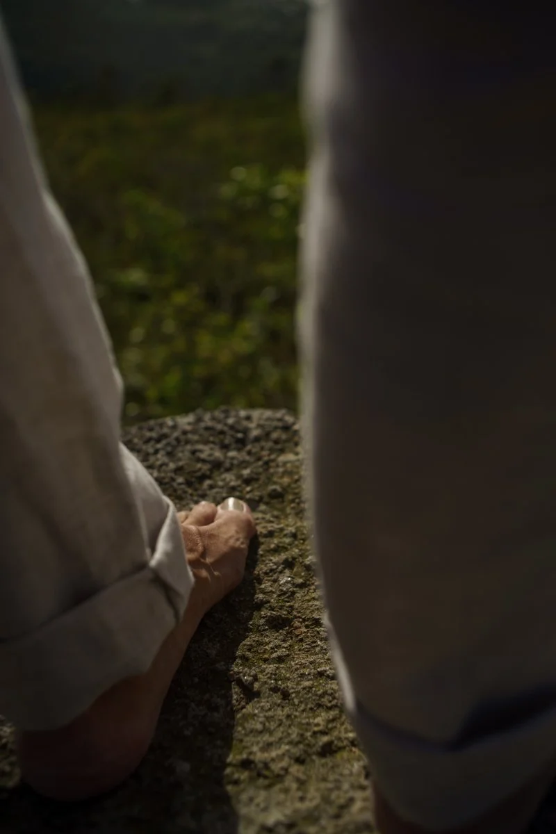 Persona sentada sobre una roca, vista desde atrás, con fondo de césped y naturaleza.