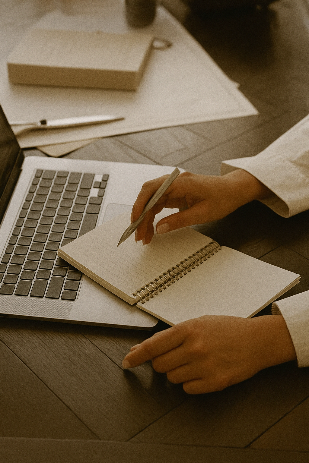 Person taking notes in a small notebook at a desk with a laptop, papers, and a pen.
