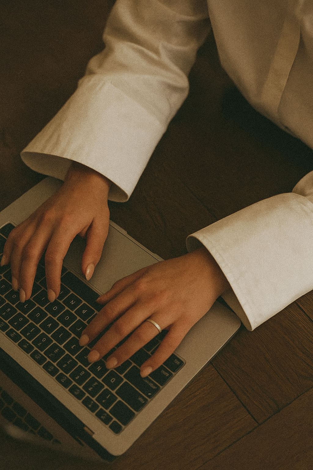 Person typing on a laptop keyboard while sitting at a wooden table, wearing a white long-sleeve shirt and a ring on the ring finger of their left hand.