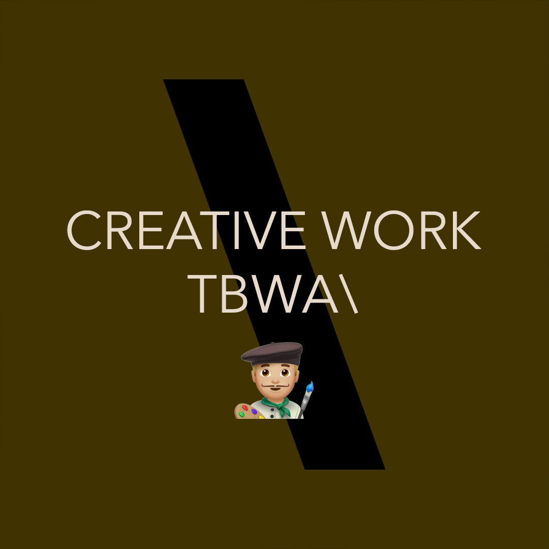 Graphic design with the words "CREATIVE WORK" and a black lightning bolt, featuring an emoji of a painter with a palette and brush.