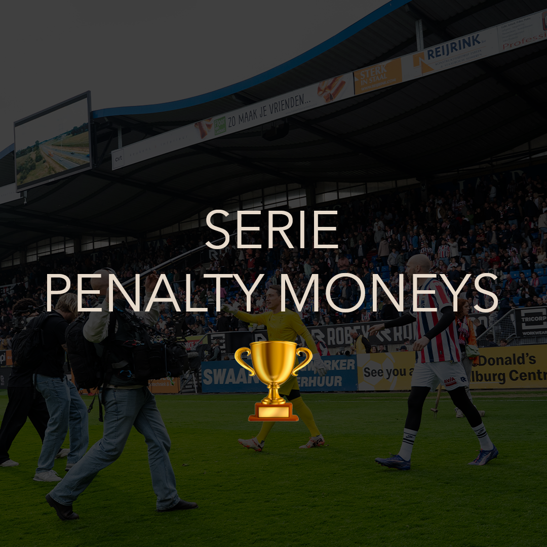 People celebrating on a soccer field with a stadium filled with spectators in the background, with the overlay text "SERIE PENALTY MONEYS" and a trophy emoji.