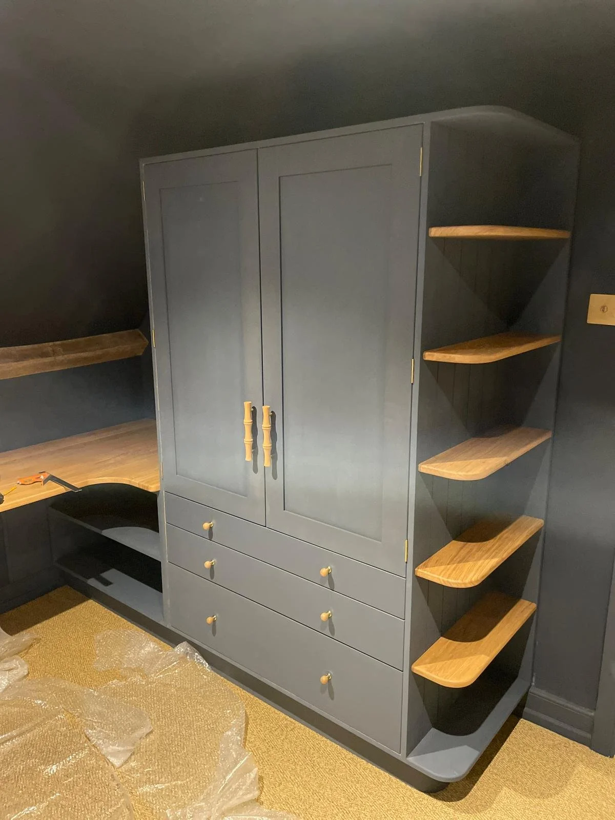 Birch ply wardrobe with oak shelving and desk