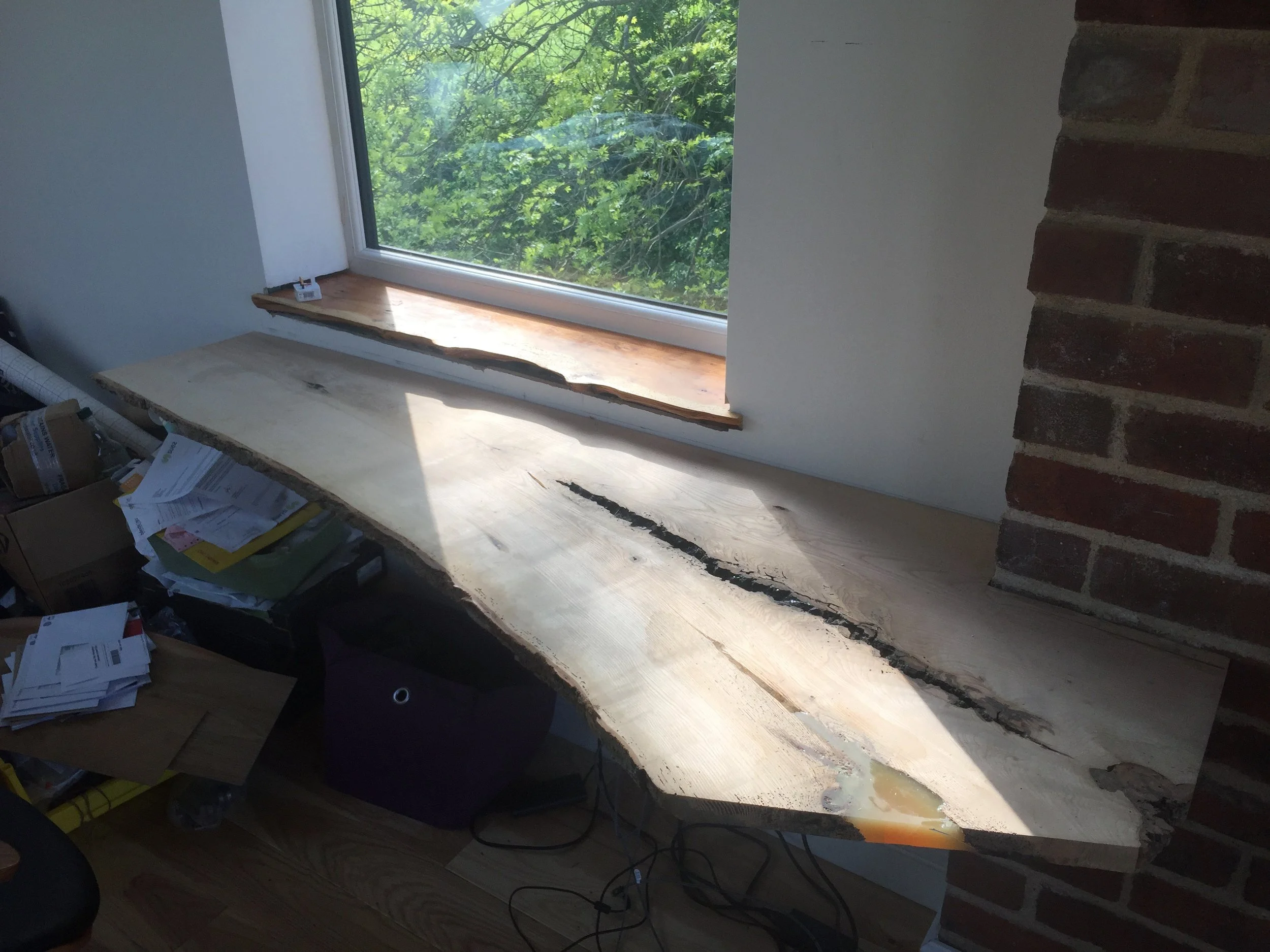 Live-edge elm desk and shelf