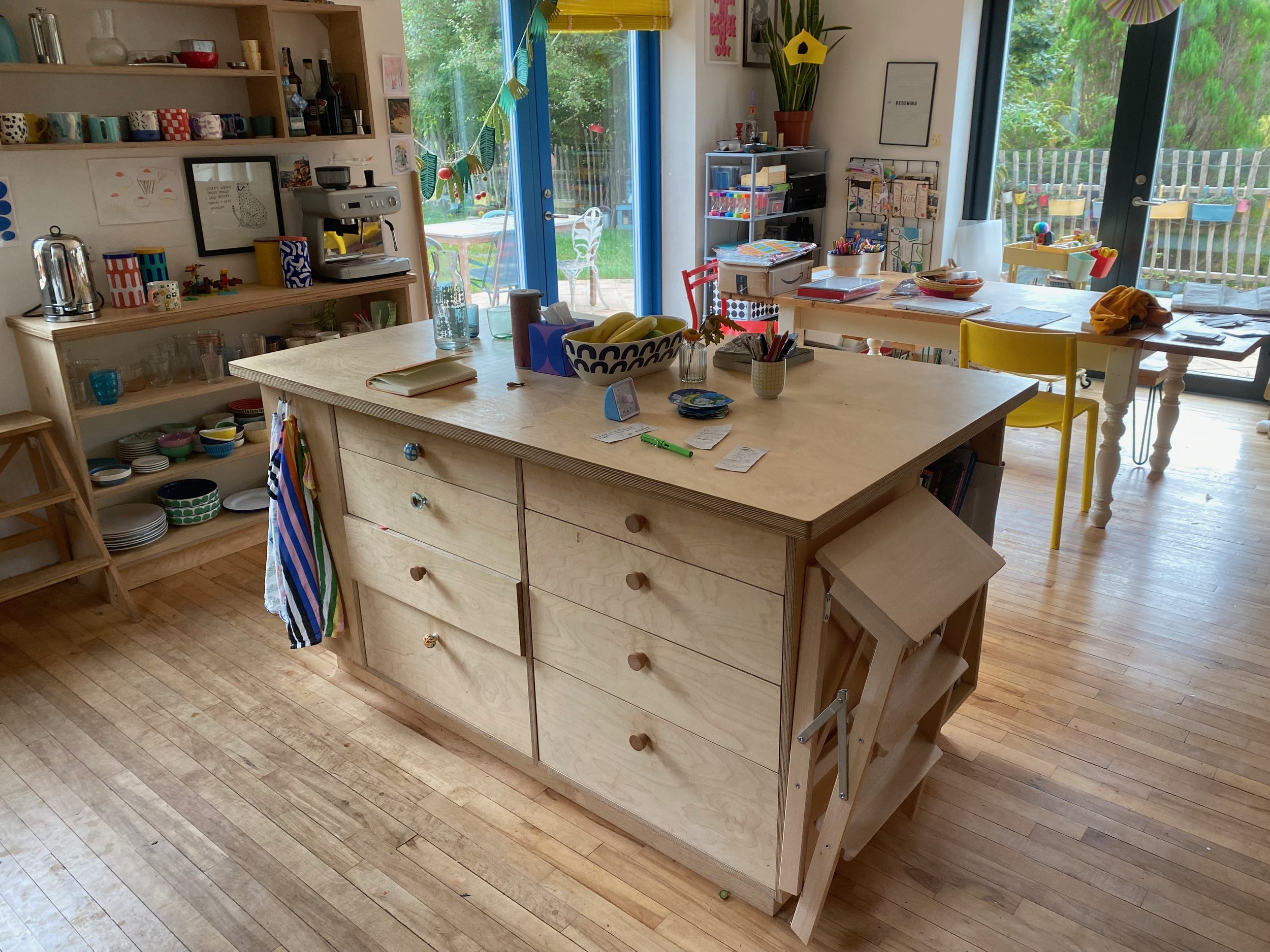 Birch plywood kitchen insland with drawers and shelves