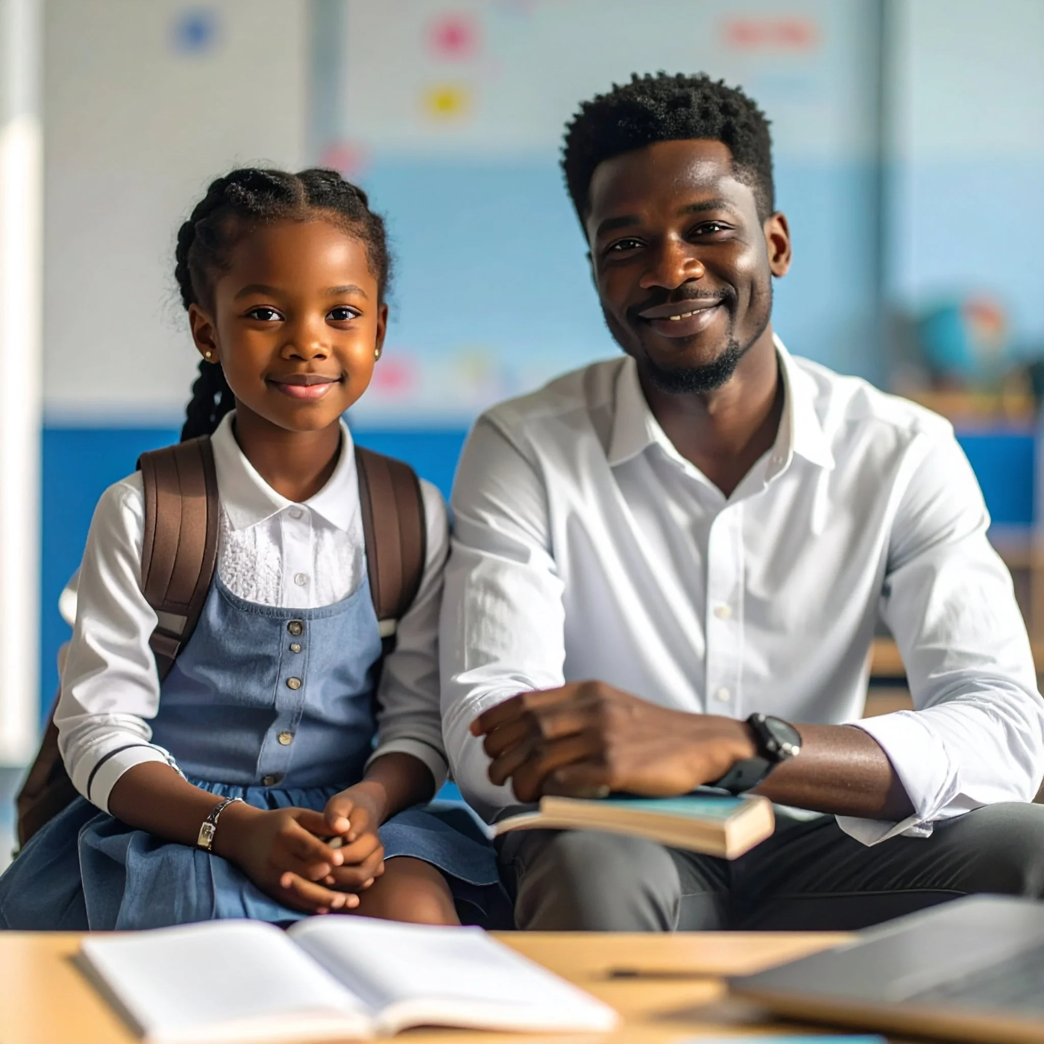 schoolgirl with father in class