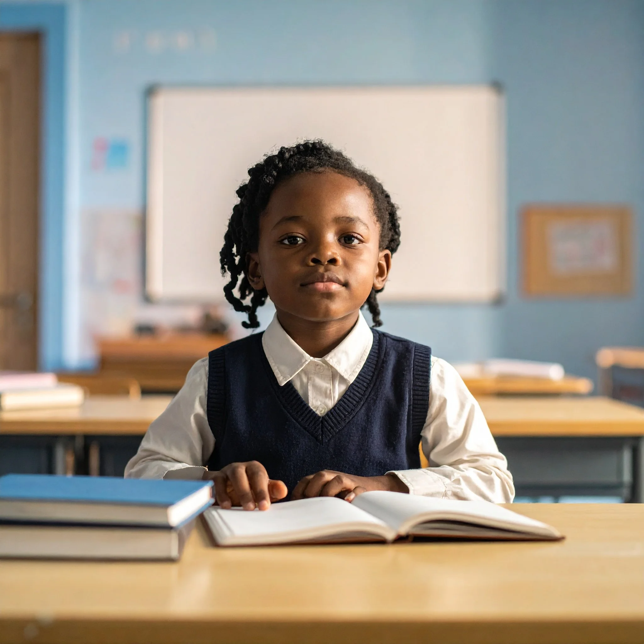 young schoolgirl in class with an open book