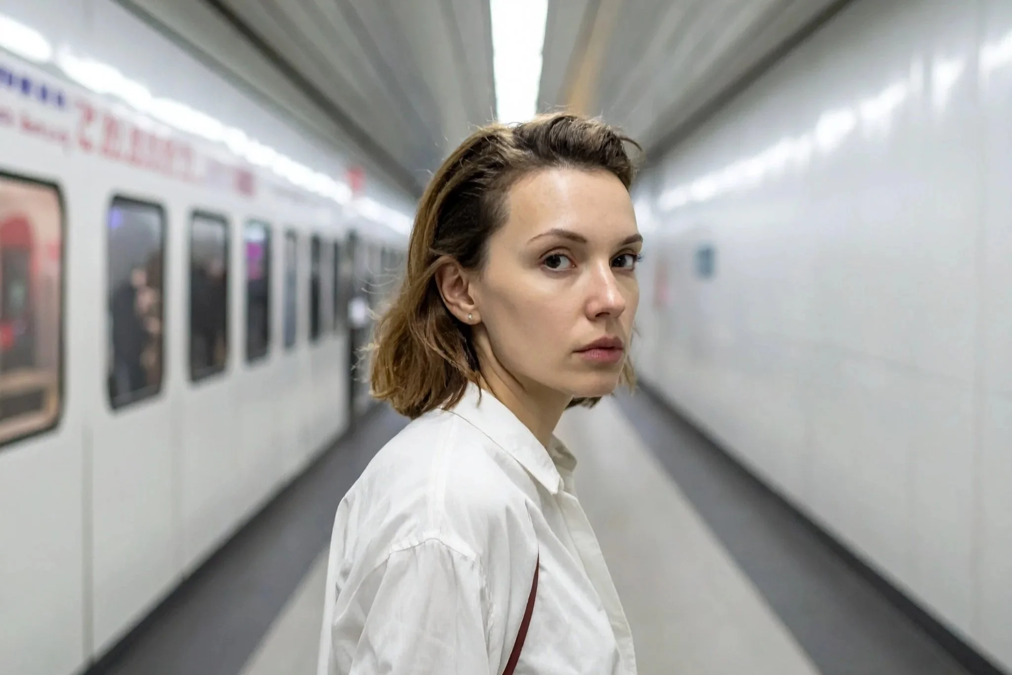 woman in subway looking at camera
