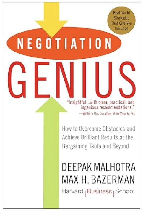 Book cover titled 'Negotiation Genius' by Deepak Malhotra and Max H. Bazerman, featuring a yellow downward arrow at the top and a green upward arrow in the middle, with a badge indicating 'Real-World Strategies That Give You the Edge.'