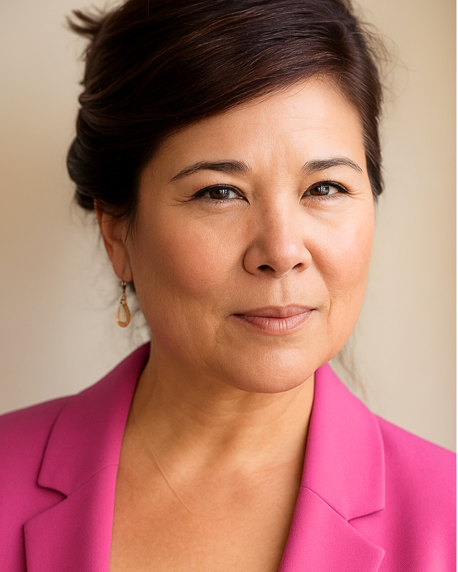 A woman with short dark brown hair wearing a pink blazer and earrings. She has a neutral expression and is looking at the camera.