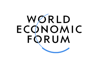 Logo of the World Economic Forum with black text and a curved blue line.