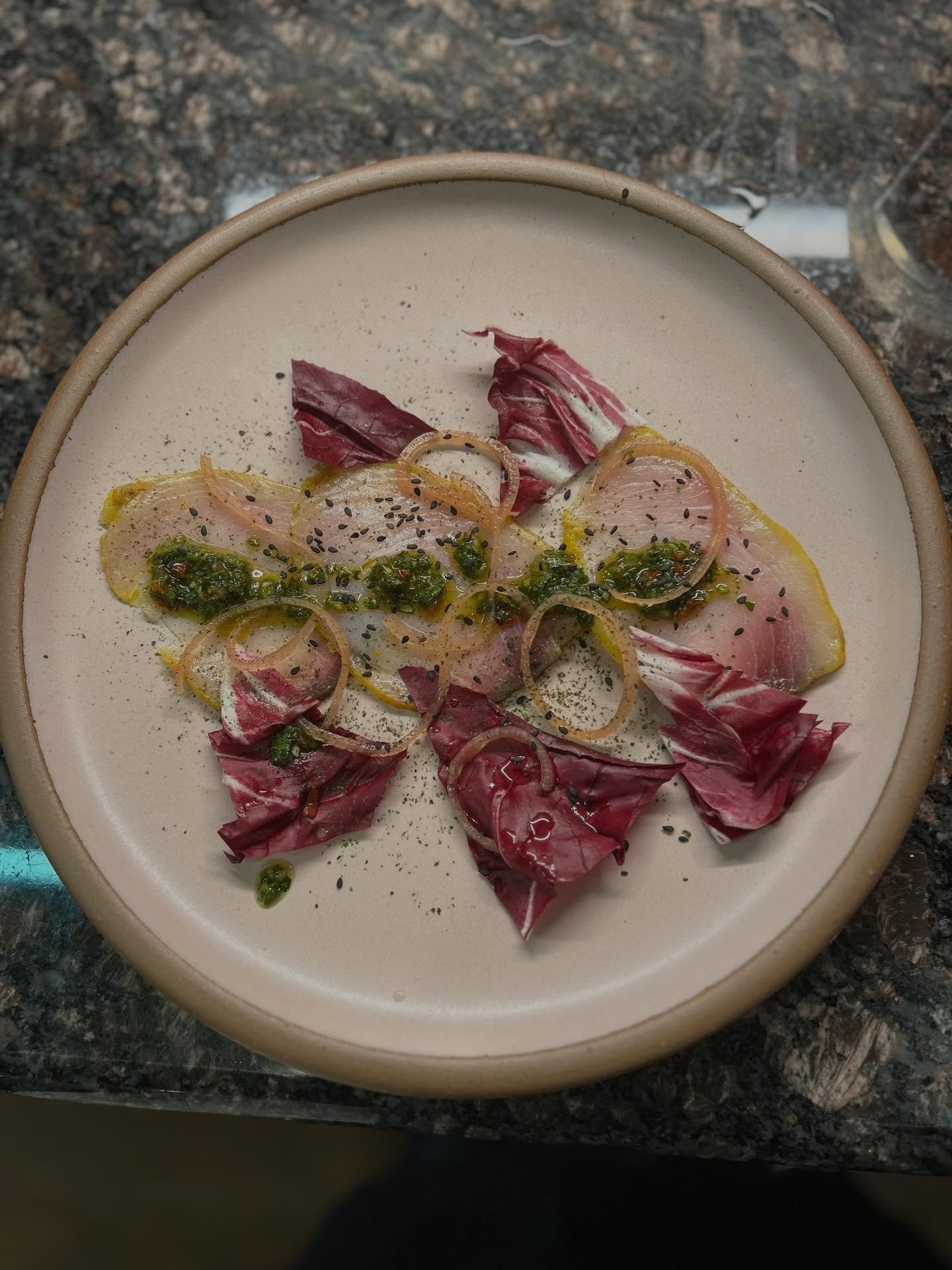 Recently did a private six course dinner. 

1st Swordfish lomo, aji dolce salsa, radicchio,pickled shallot, nori, black sesame seed
2nd Jumbo lump crab cake, hatch essence, citrus, avocado, vanilla oil
3rd Vietnamese cabbage salad, red onion, carrot,