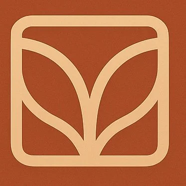 A stylized logo of a plant or leaf design inside a rounded square border.
