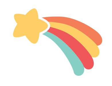 A cartoon star with a rainbow trail featuring red, yellow, and teal colors.