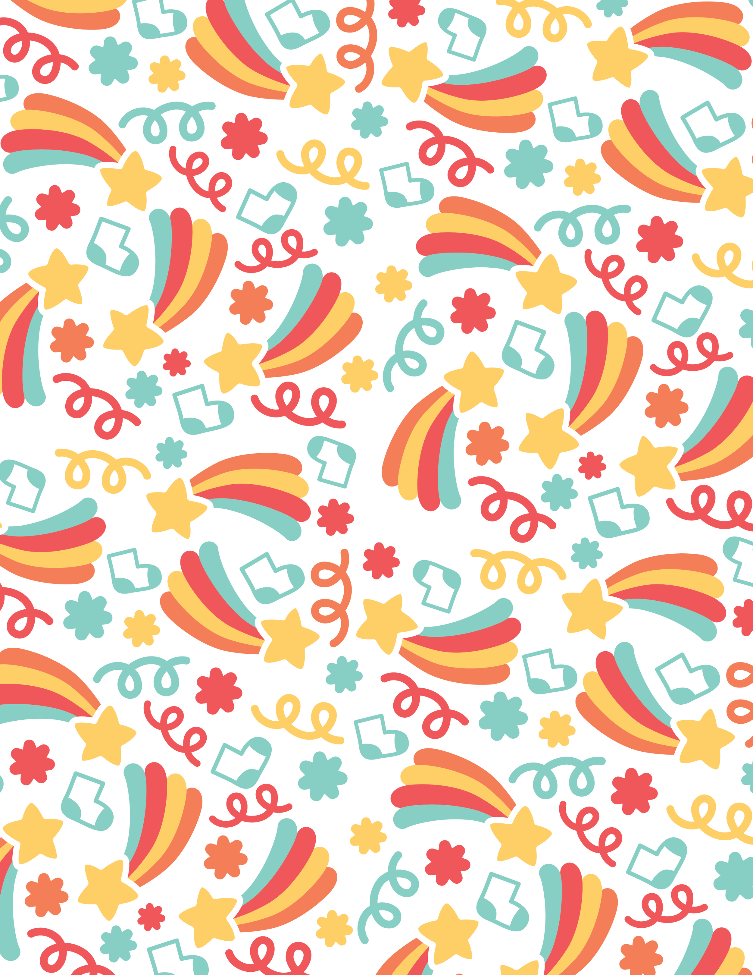 Colorful pattern with stars, rainbows, flowers, and swirling lines in yellow, red, orange, teal, and light blue on a white background.