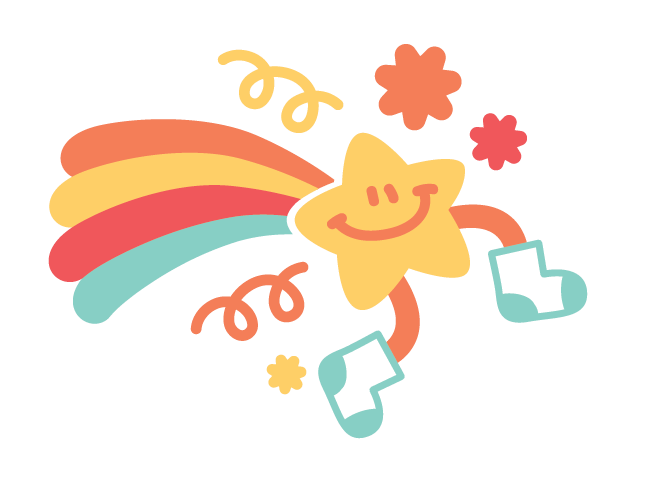 Colorful cartoon star with a smiling face, rainbow trail, flowers, and socks in a playful design