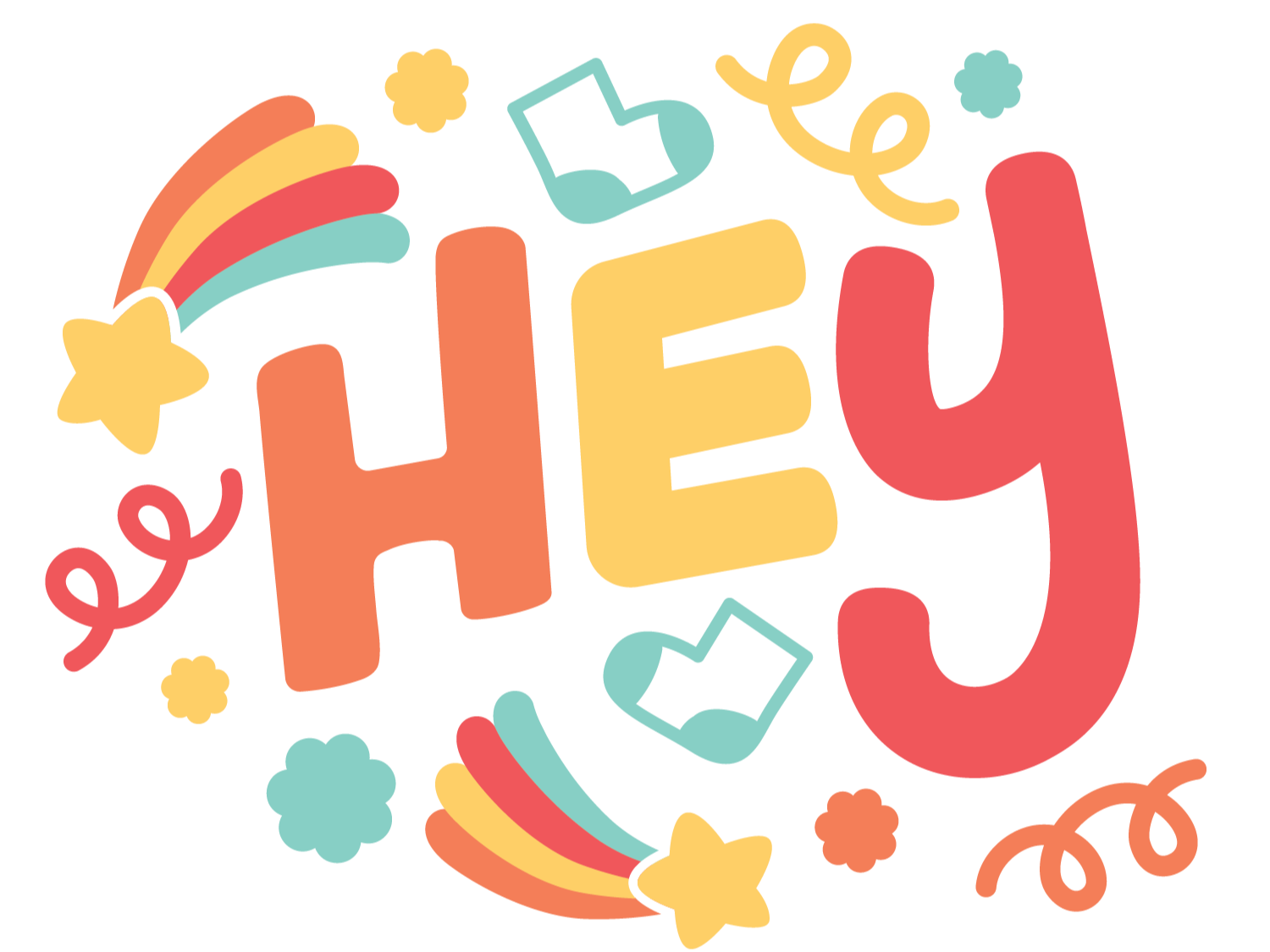 Colorful decorative text that says "Hey" with stars, rainbows, and flowers around it.