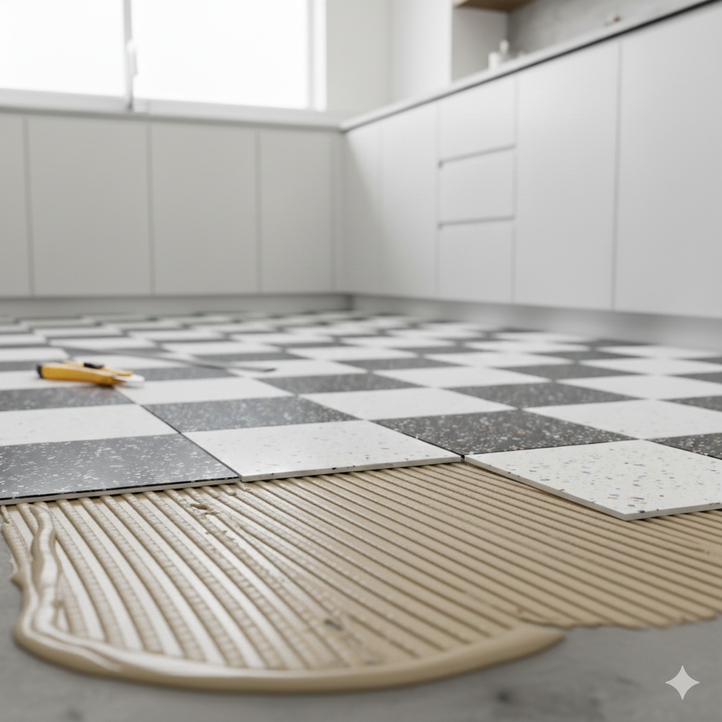 Close-up of a room with black and white checkered floor tiles, a section of underfloor heating, and white cabinets in the background.