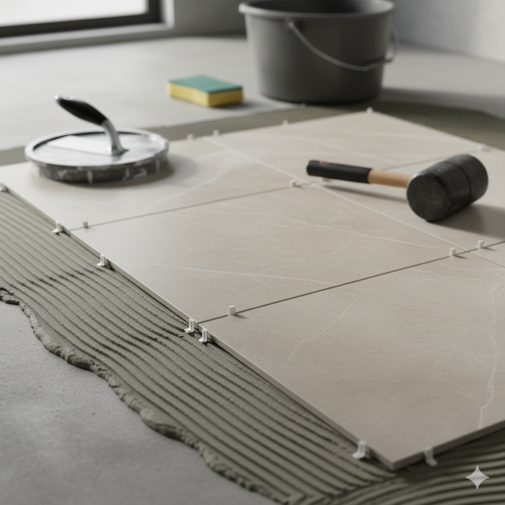 Tile installation tools on a beige tile with curved white grout lines, including a rubber mallet, a sponge, and a tile spacer. A bucket and window are visible in the background.