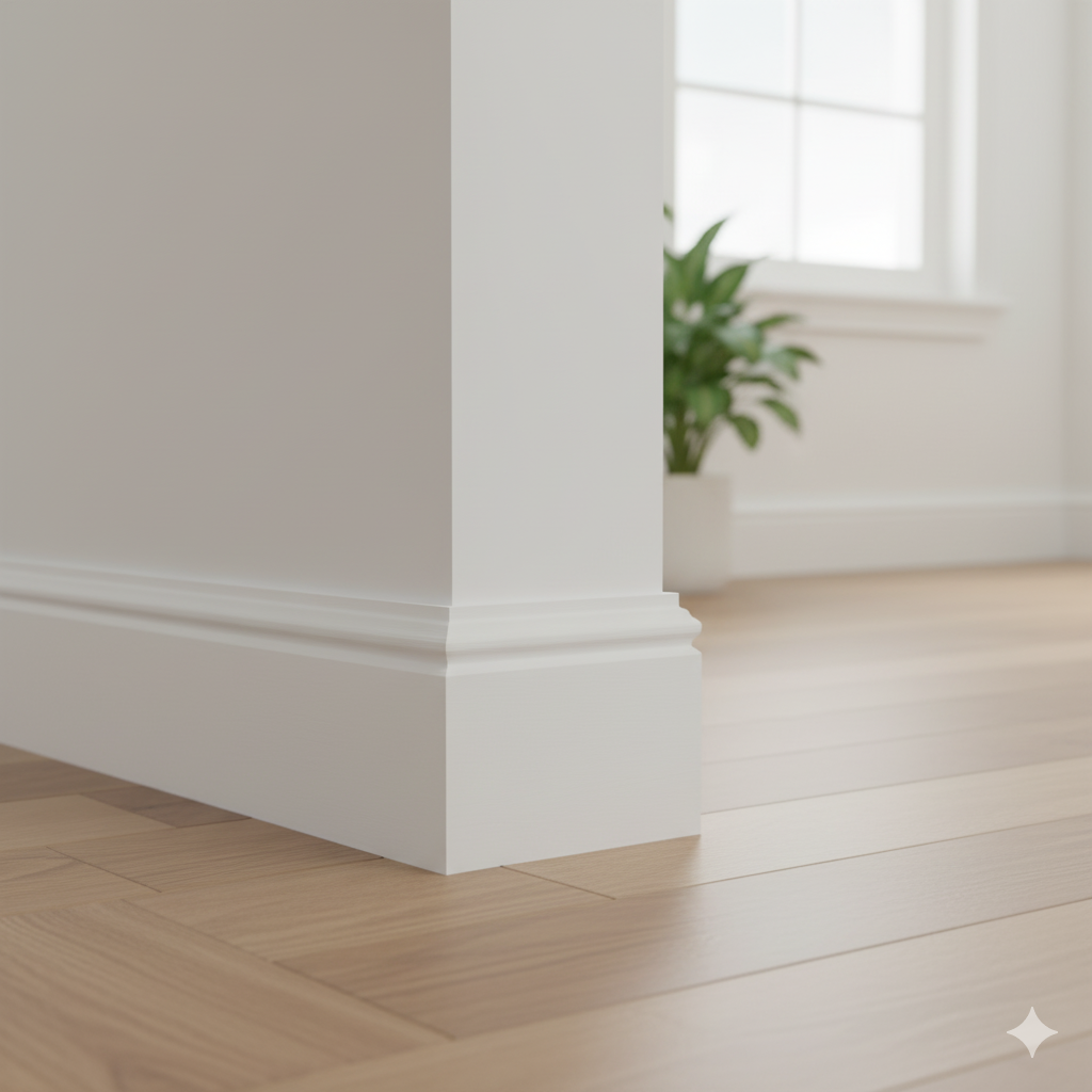 Close-up of a white interior wall corner with baseboard molding, hardwood flooring, and a small potted plant near a window.