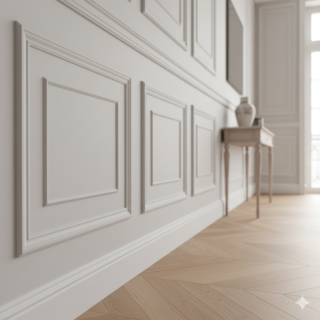 Interior wall with decorative white wainscoting panels, light wooden floor, and a small beige side table with a white ceramic vase on top, near a window letting in natural light.