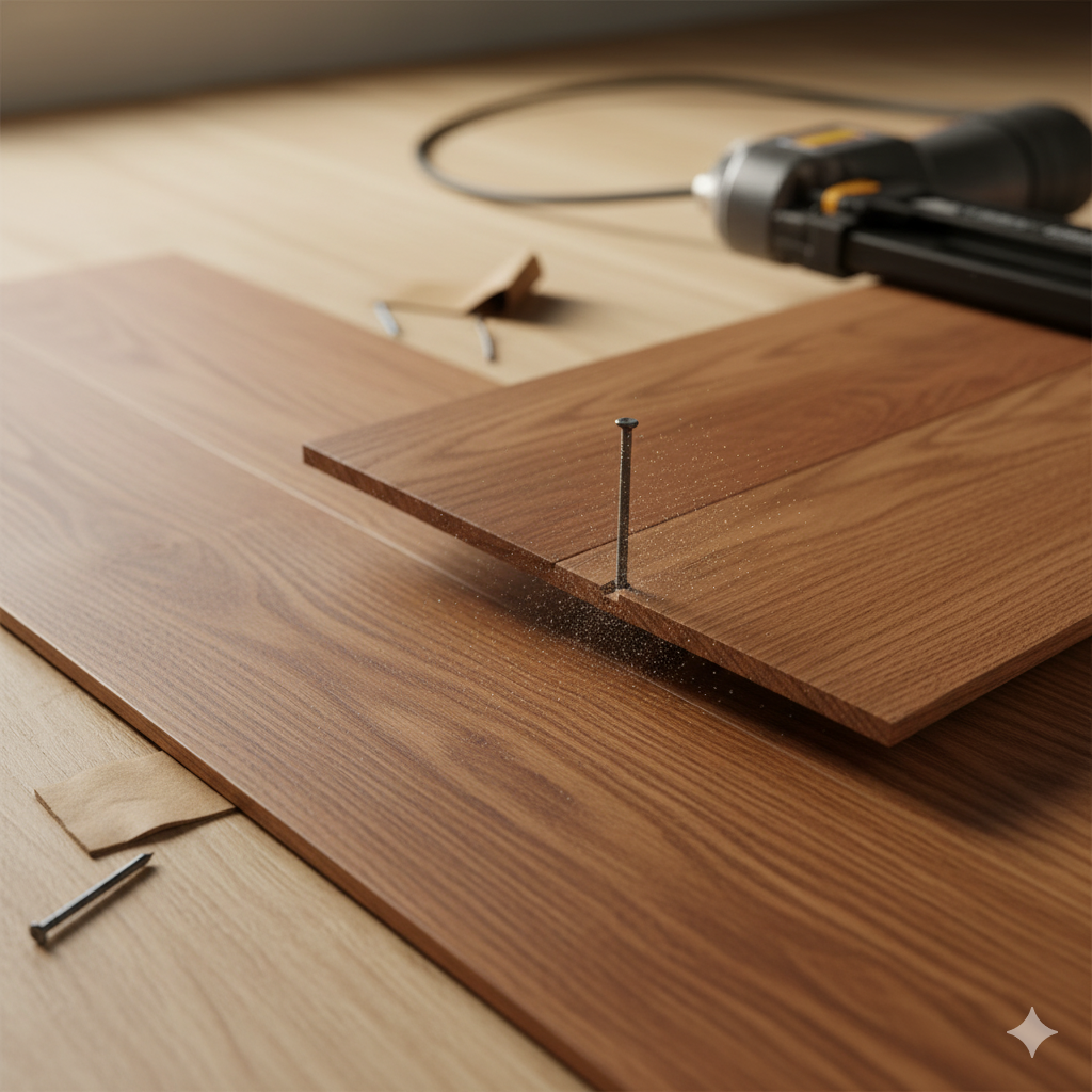 A woodworking scene with a drill, wood planks, and nails on a wooden work surface.