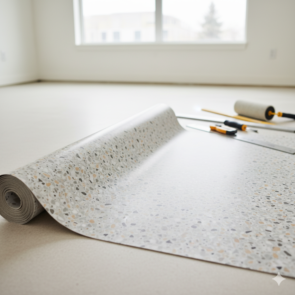 Roller of speckled vinyl flooring material partially unrolled in a bright room.
