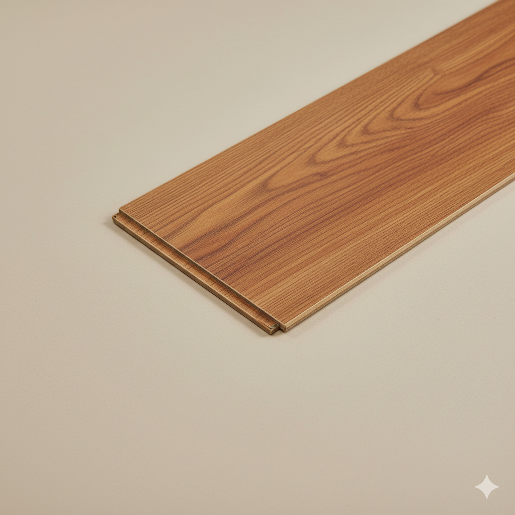 A wooden flooring plank with a natural wood grain pattern on a light-colored surface.