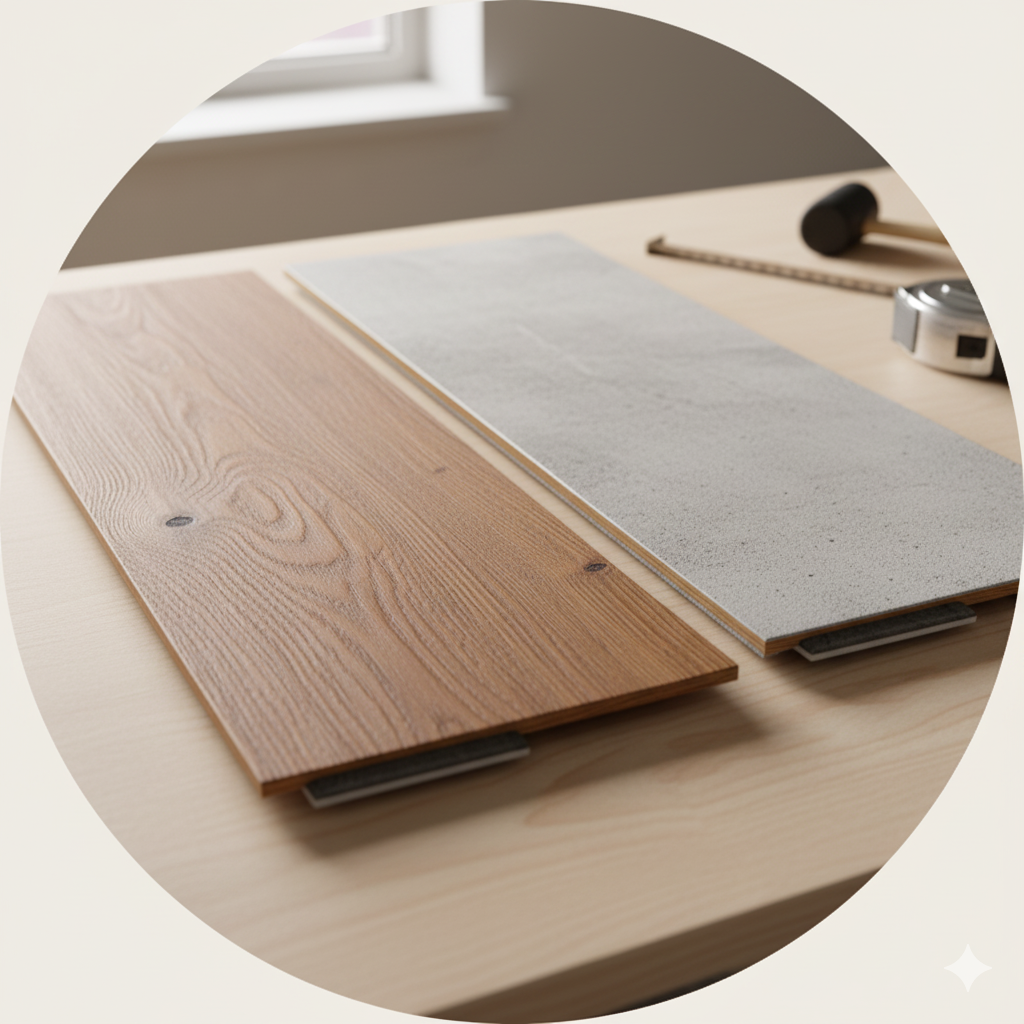 Wooden and ceramic tile samples on a light wood table with a measuring tape and hammer in the background.