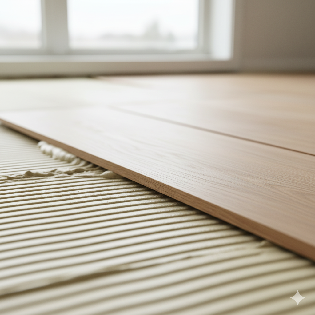 Close-up of a wooden floor with a piece of plywood on top, near a window.