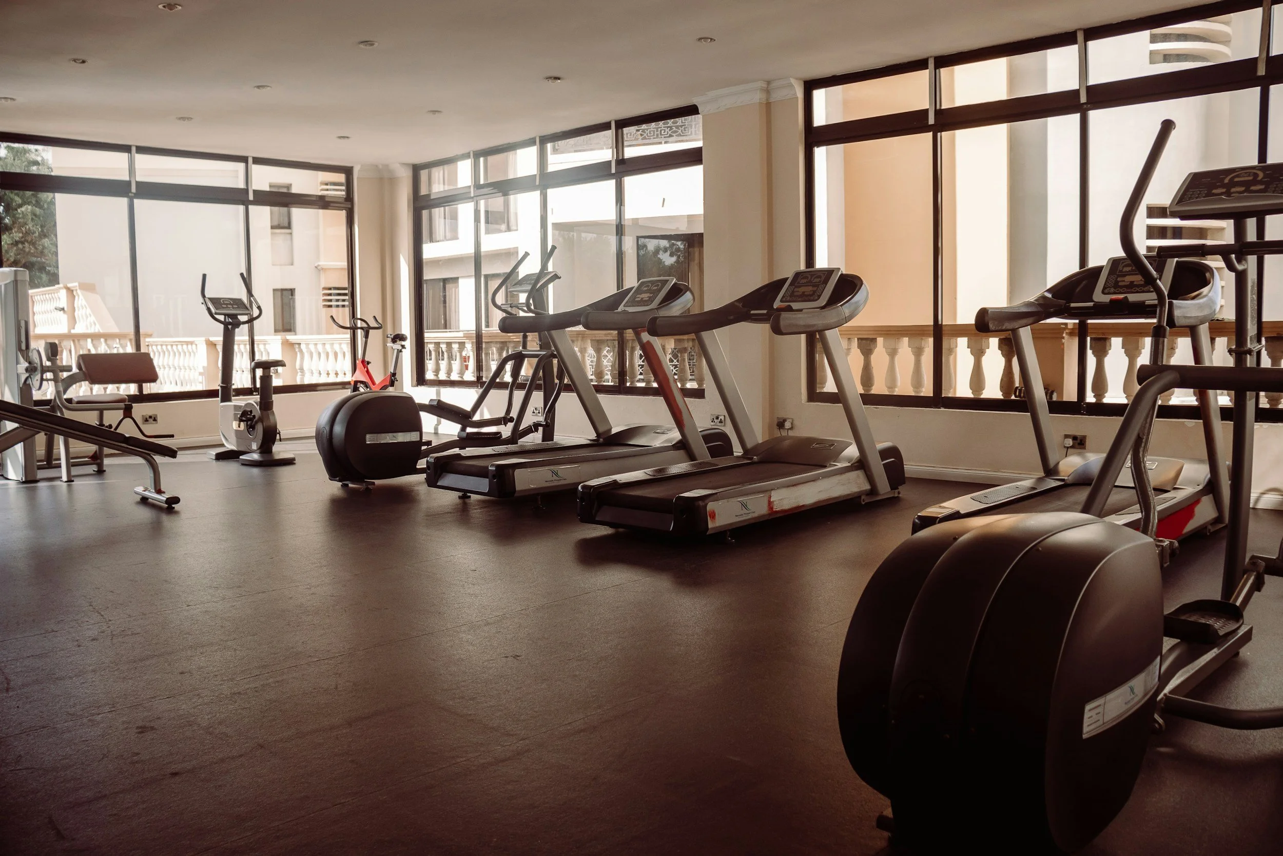 Empty gym with treadmills, ellipticals, and stationary bikes near large windows.