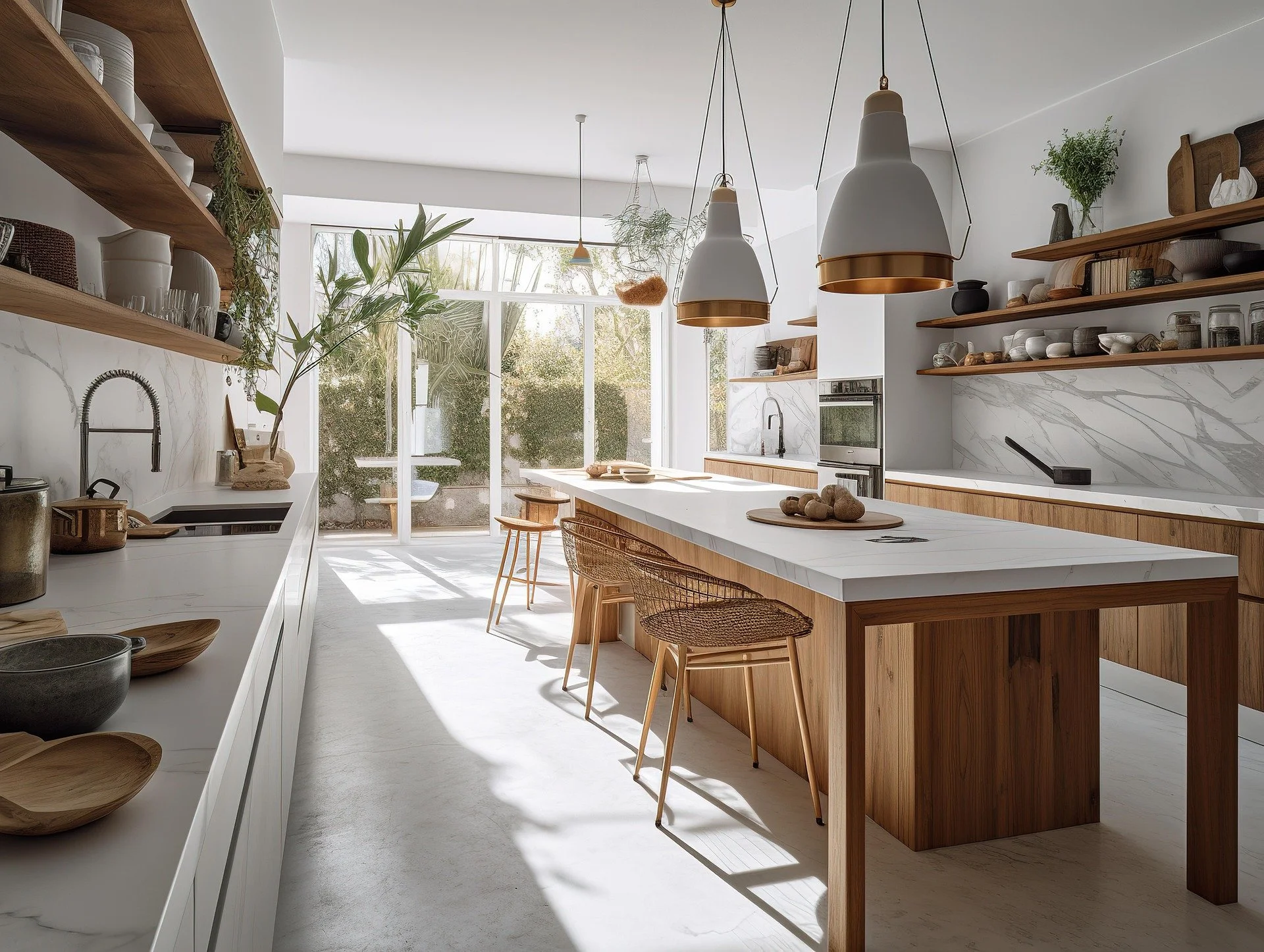 Modern kitchen with white countertops, wooden shelves, pendant lights, and large windows letting in natural light.