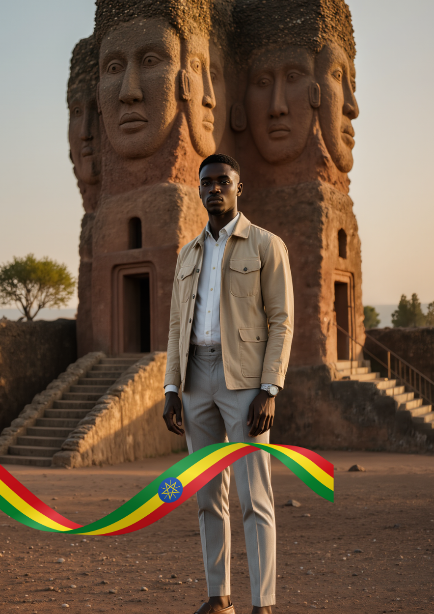 Handsome young man in front of an ancient area in Ethiopia
