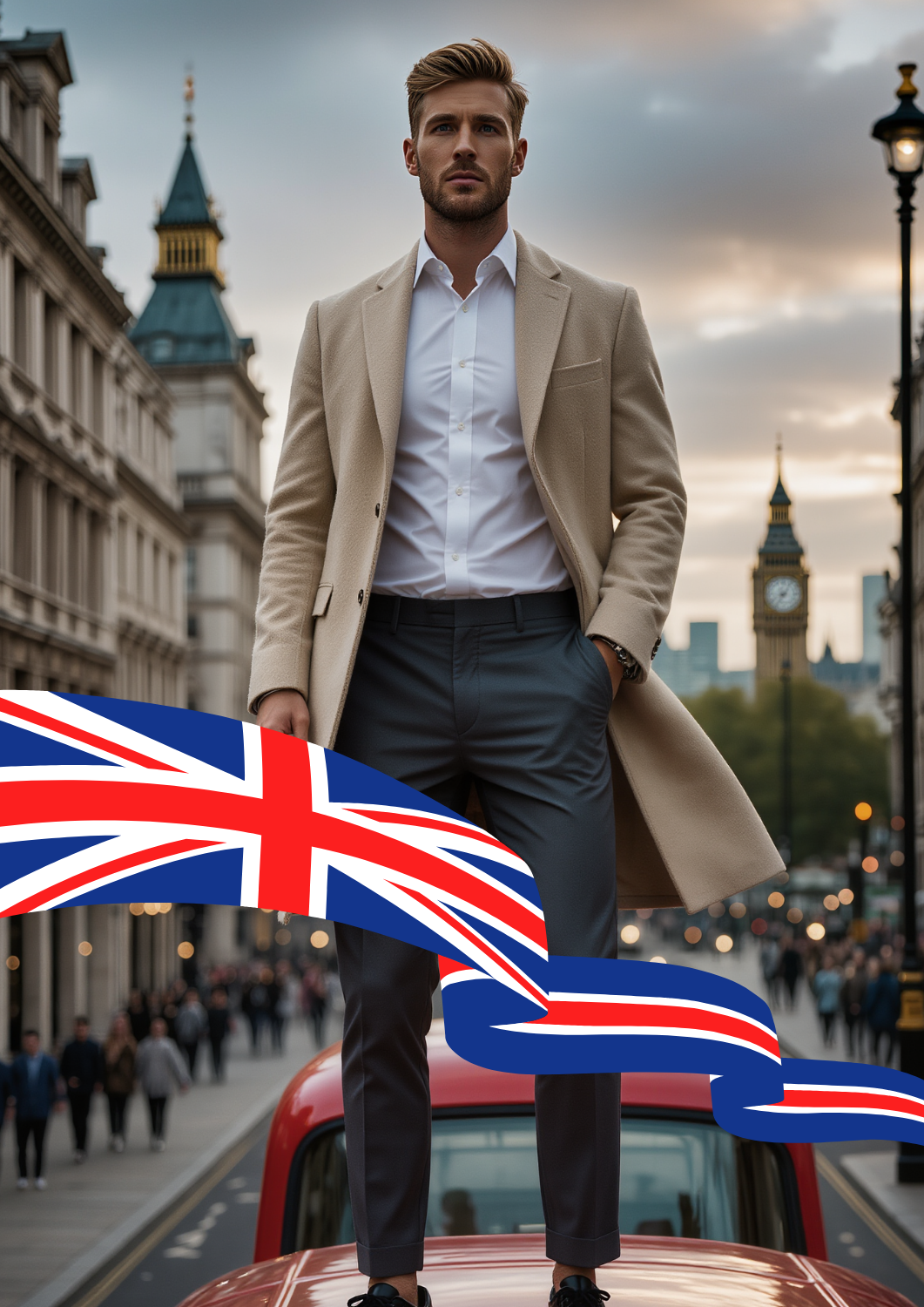 handsome british man on top of the bus in london