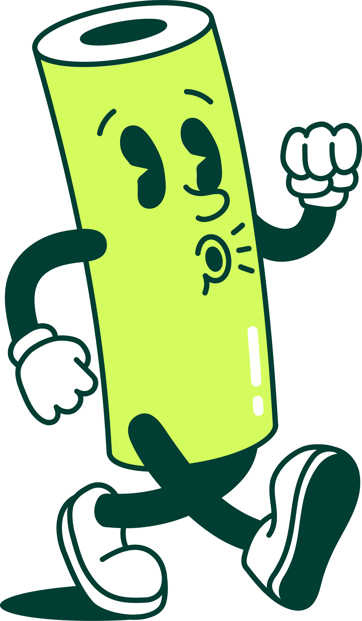 En tecknad maskot som promenerar stolt, med ansiktsuttryck som visar glädje, armar i rörelse och kläder på.