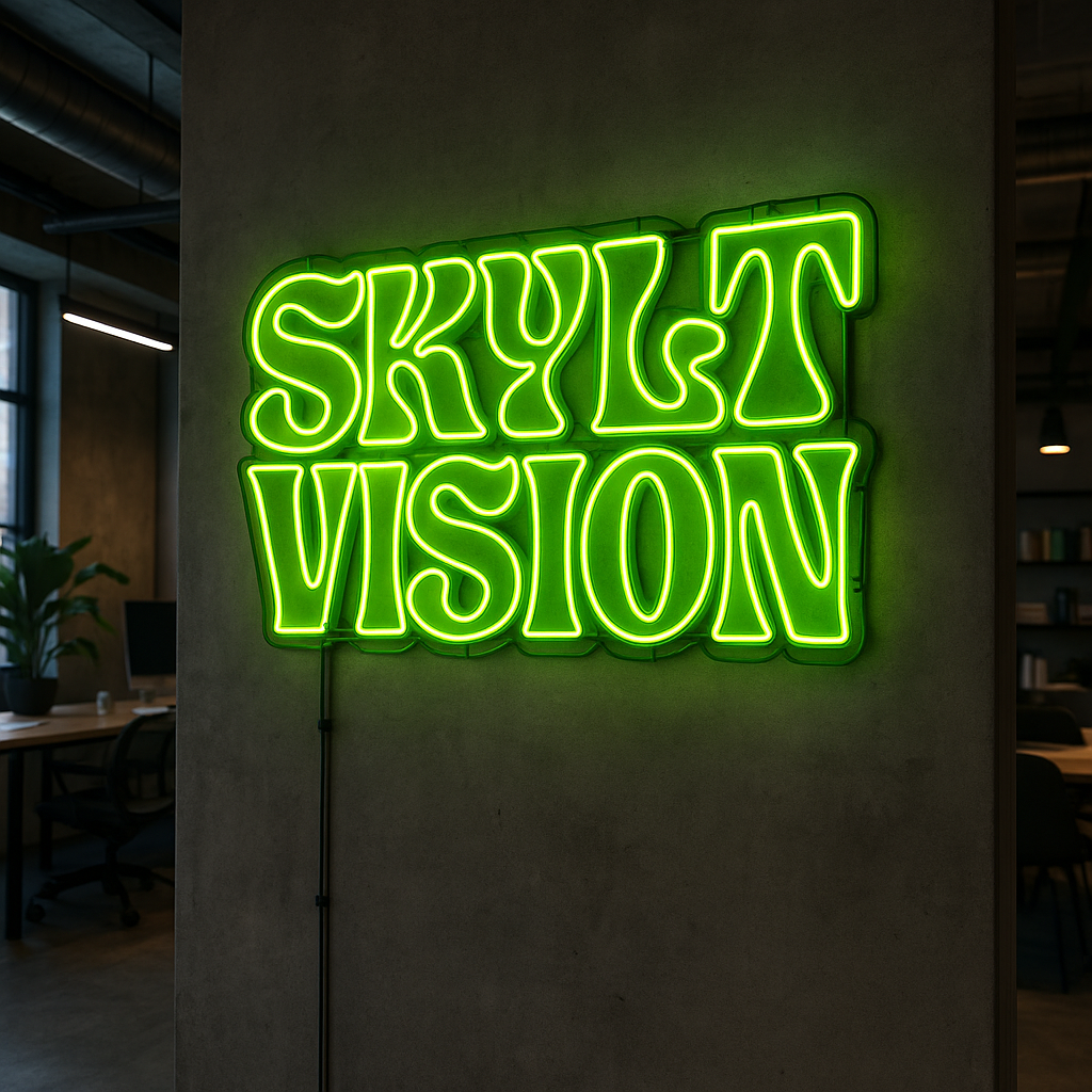 Neonskylt med texten 'SKYLT VISION' i grönt på en vägg i ett modernt kontorsutrymme.