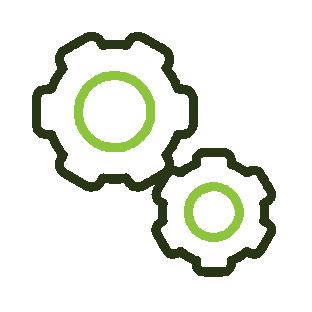Two green mechanical gears interlocking.