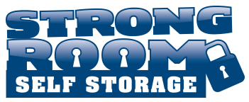 Logo for Strong Room Self Storage with bold blue text and a keyhole symbol.