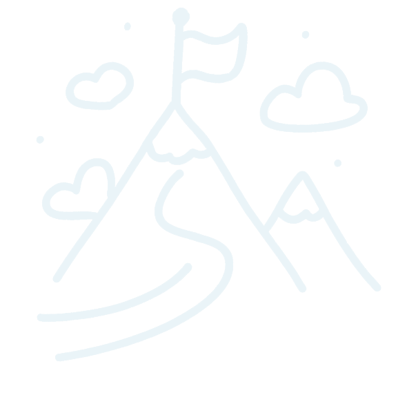 Simple line drawing of mountains with a flag on a peak, a winding path, clouds, and stars in the sky.