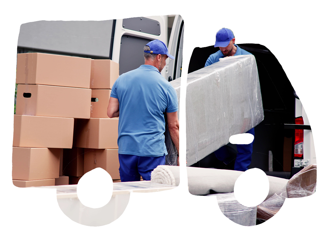 Two men in blue shirts and caps loading boxes and large foam blocks into a white delivery van.