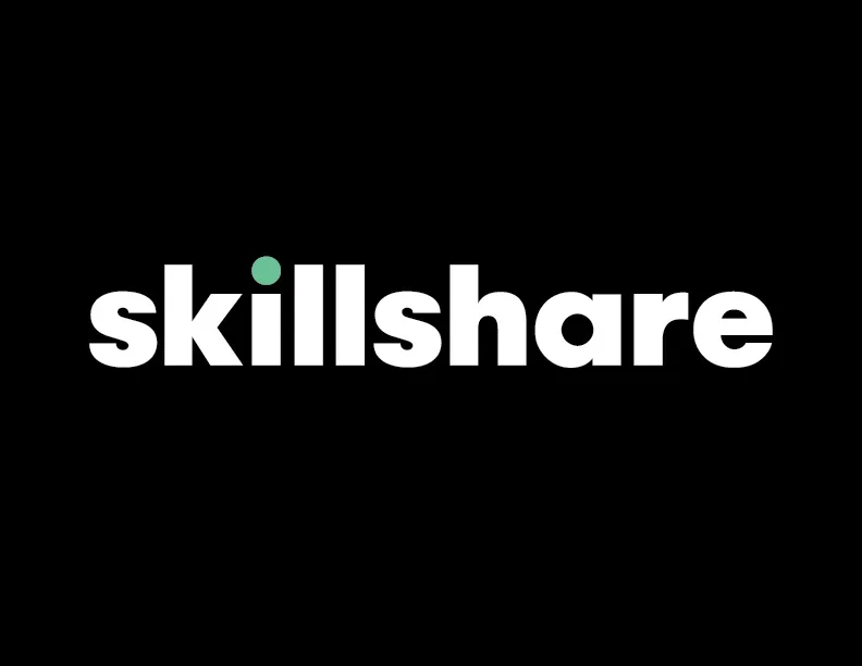 Skillshare logo in white text with a teal dot on a black background.