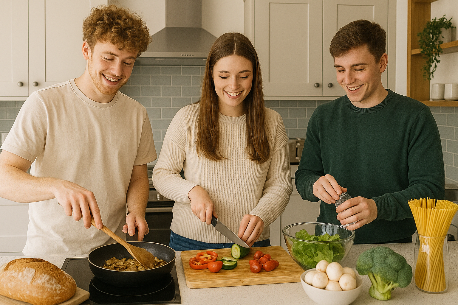 Three friends cooking together in a modern kitchen, preparing a vegetable salad with tomatoes, cucumbers, lettuce, and mushrooms.