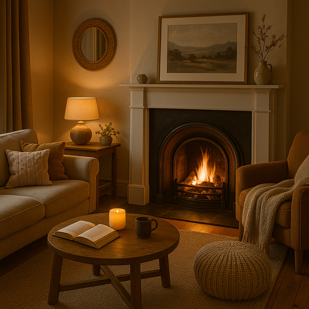 Cozy living room with a lit fireplace, a beige sofa with cushions, a wooden coffee table with a book, candle, and mug, a side table with a lamp and small plant, a framed landscape painting above the fireplace, a decorative mirror on the wall, and a knitted pouf in front of a mustard-colored armchair.