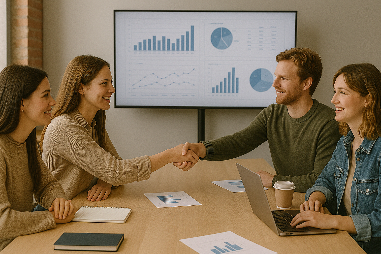 Two women and one man engaging in a handshake during a business meeting in a conference room with a presentation screen displaying graphs in the background, while the other woman sits with a laptop and notes on the table.