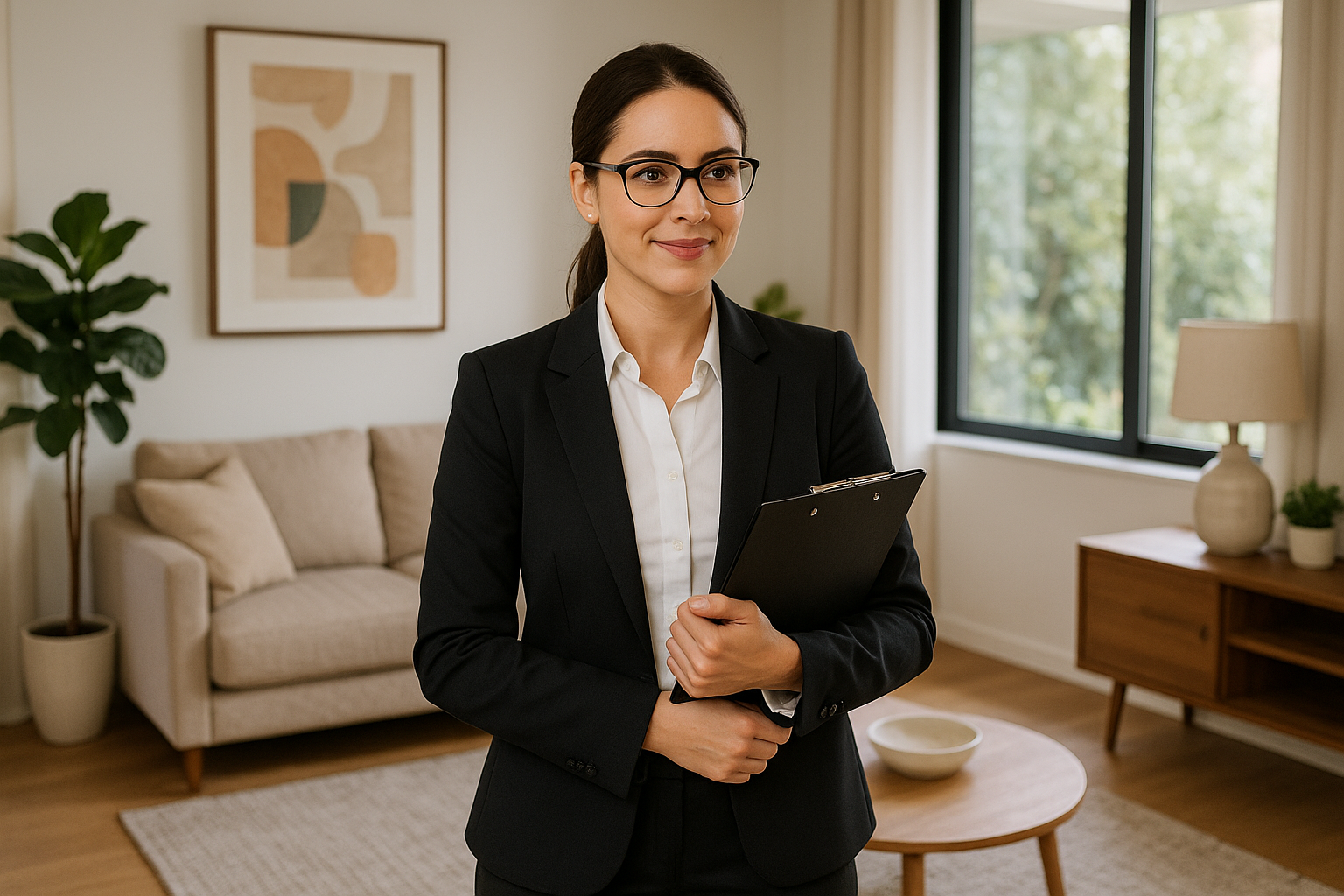 A woman in a professional black suit and glasses holding a clipboard, standing in a living room with a beige sofa, framed artwork, a wood side table, lamp, and large window with greenery outside.