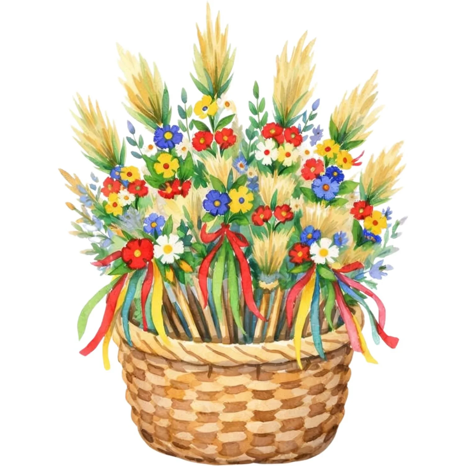 Watercolor painting of a basket filled with colorful flowers and wheat stalks, tied with ribbons.