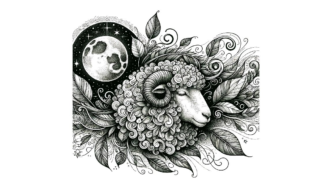 Black and white tattoo-style illustration of a ram's head with curved horns, surrounded by leaves and swirls. A full moon and stars are in the background.