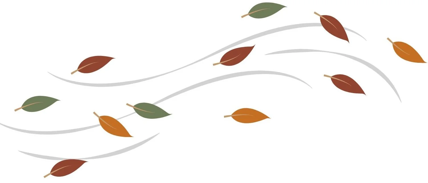 Illustration of a swirling breeze with falling autumn leaves in shades of green, brown, and orange.