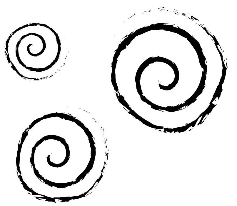 Three black spiral patterns of different sizes on a white background.