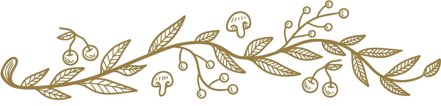 Line drawing of cherry branches with leaves, cherries, mushrooms, and berries in a continuous pattern.