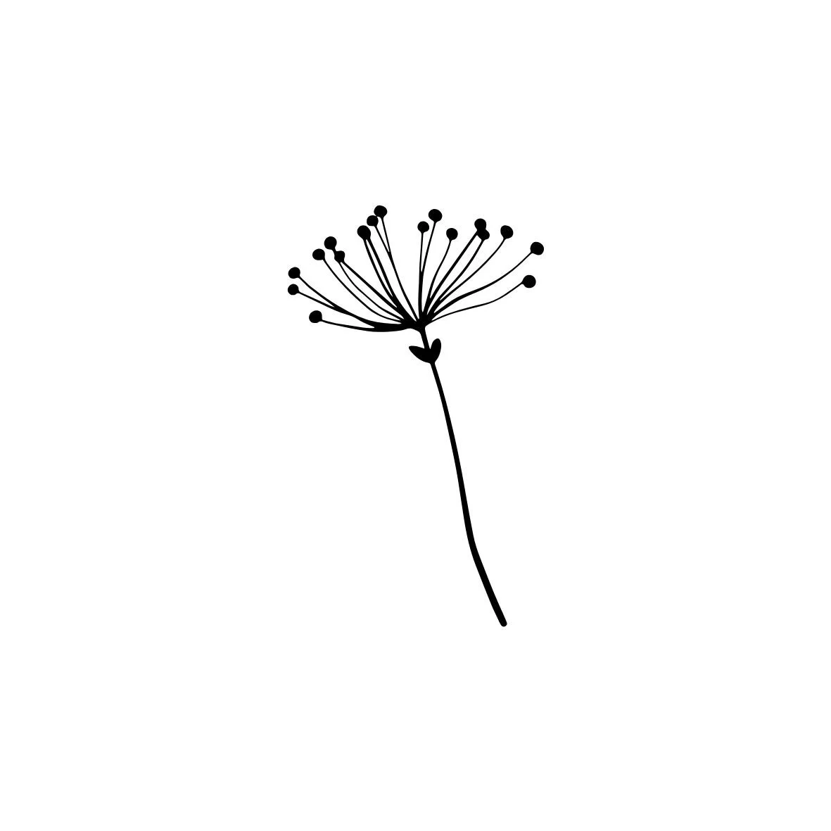 A simple, black silhouette of a dandelion seed head with a curved stem on a white background.